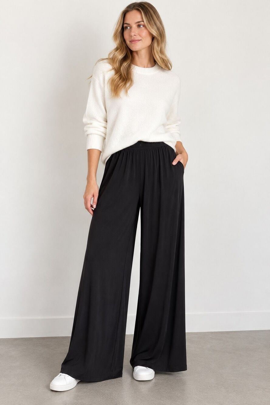 R&M Richards Black Wide Leg Palazzo Pants Elastic Waist Flowing Trousers Sz L